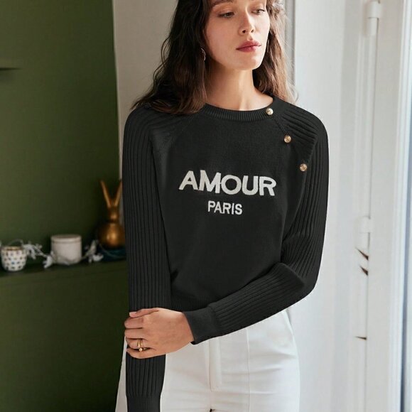 Black Preppy Womens Letter Graphic Button Detail Raglan Sleeve Sweater - Picture 6 of 7